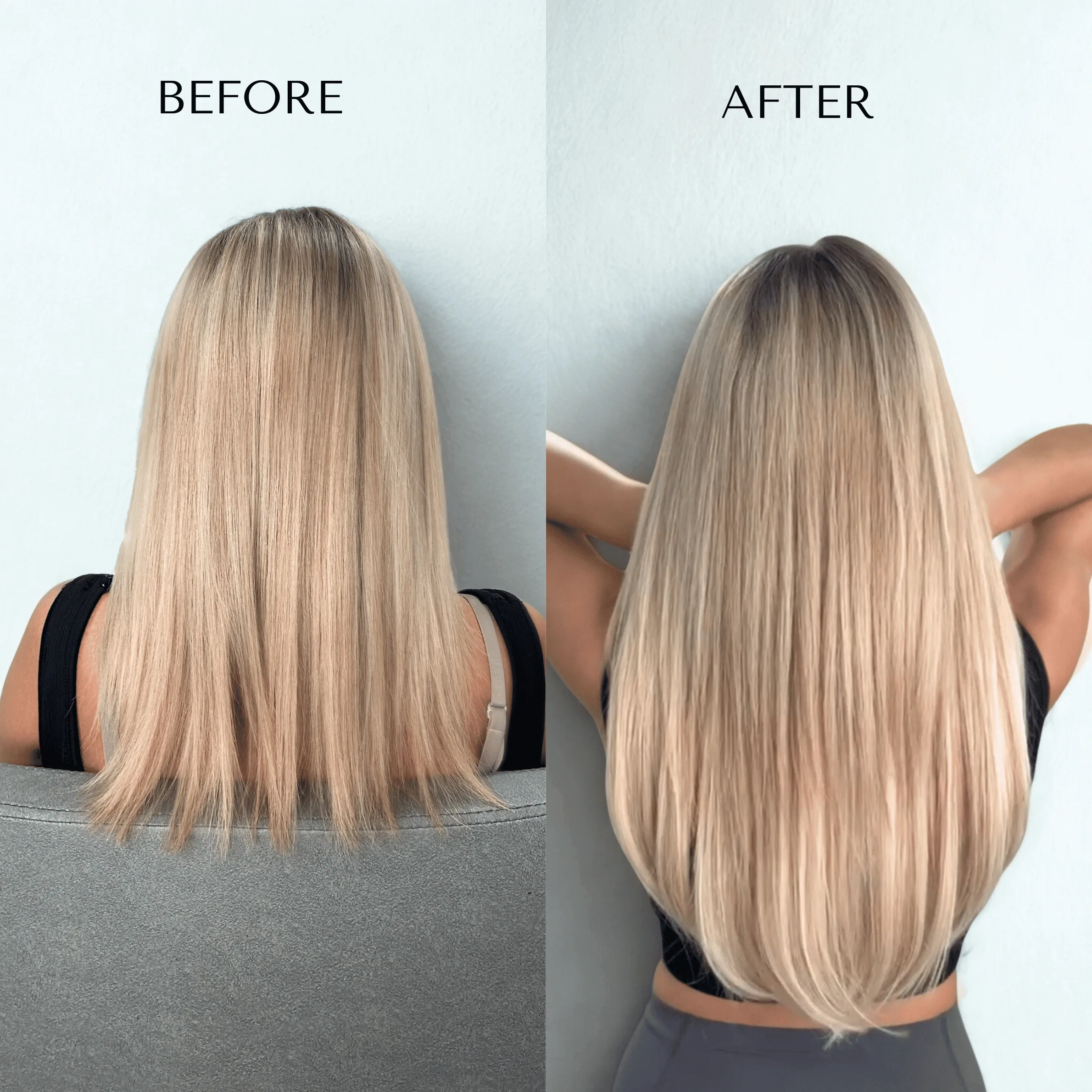 Before and after: shoulder-length blonde hair on the left, long straight blonde hair on the right, seen from behind