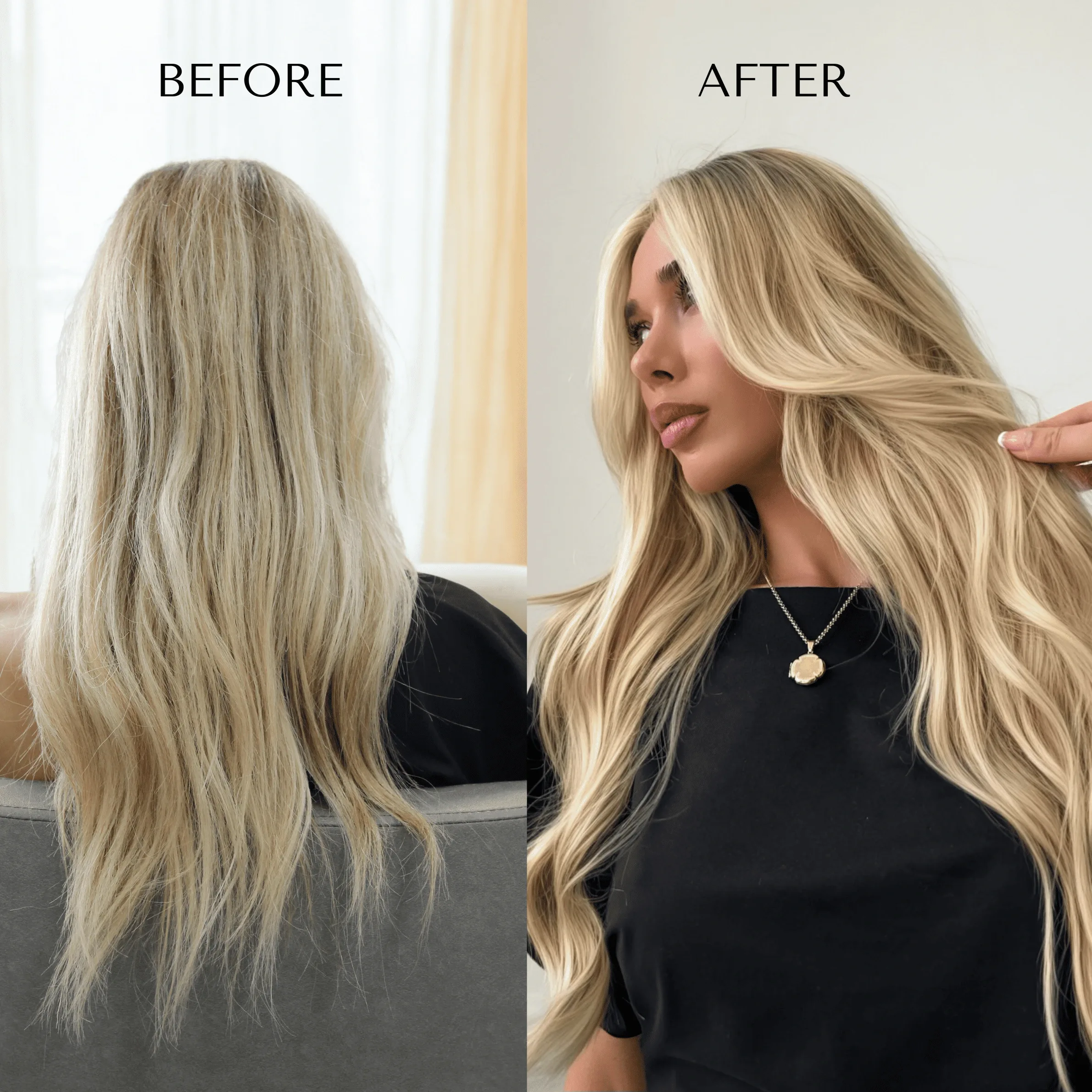 Before and after: fine blonde hair on the left, long voluminous blonde waves on the right