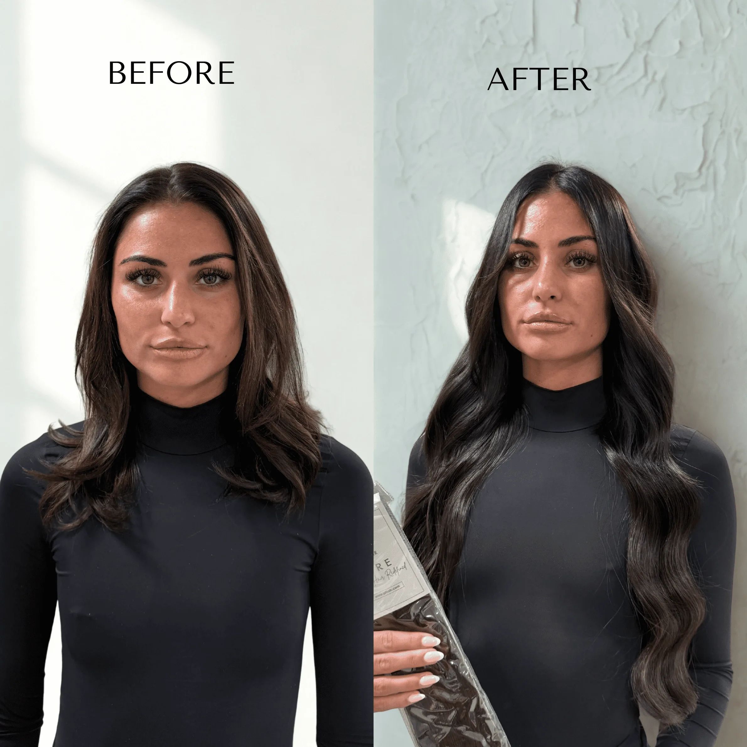 Before and after: shoulder-length dark brown hair on the left, long dark waves on the right