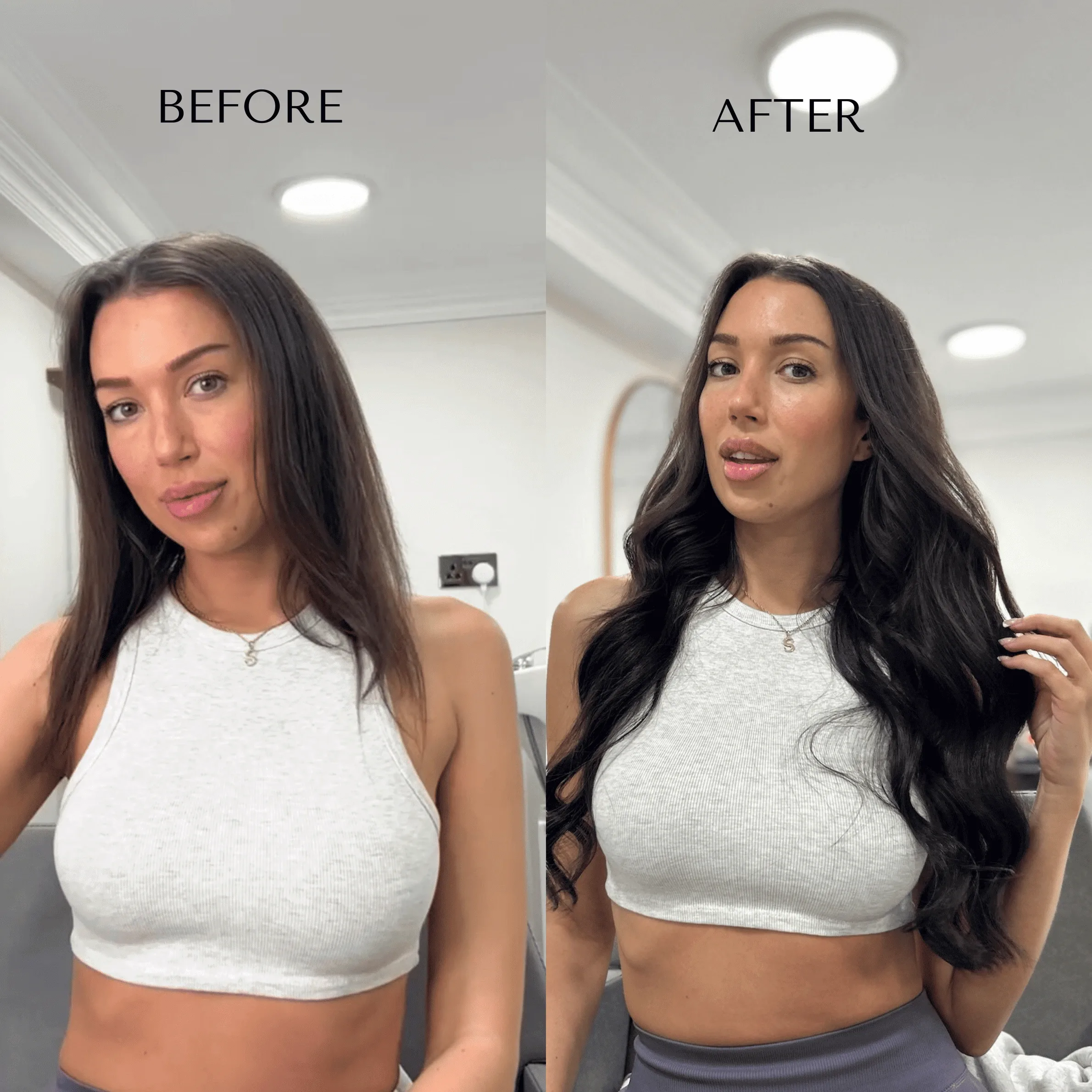 Before and after: shoulder-length brunette hair on the left, long full dark waves on the right