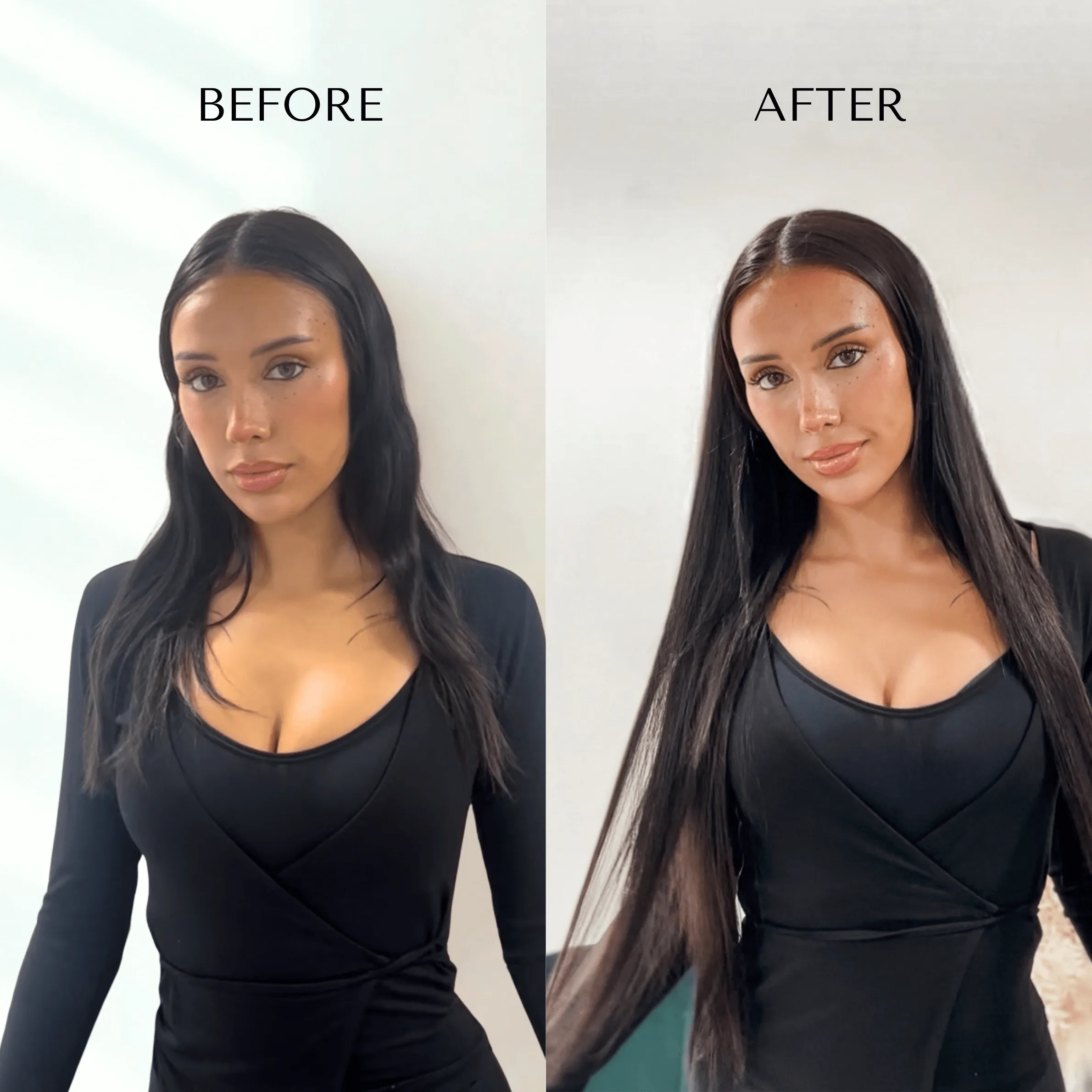 Before and after: long dark hair on the left, much longer sleek dark hair on the right