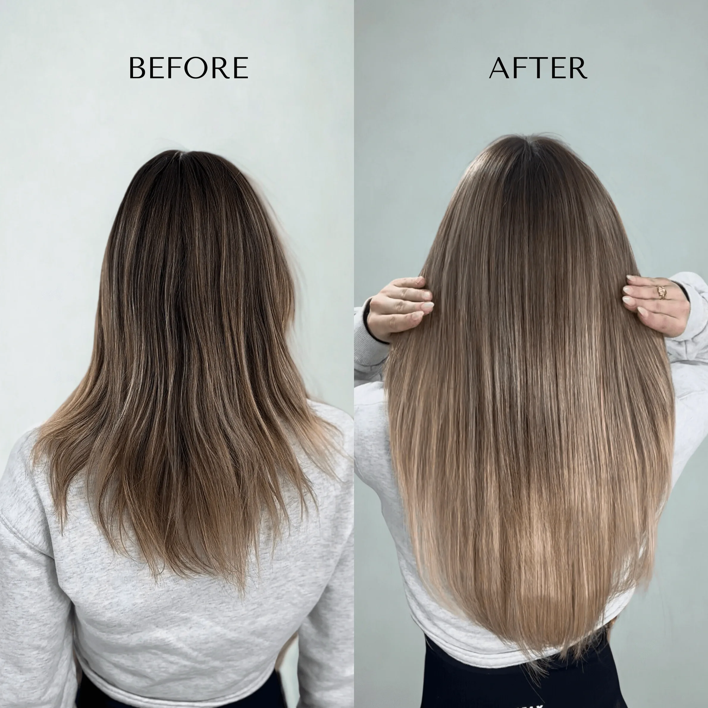 Before and after: shoulder-length brown hair on the left, long straight hair reaching the waist on the right