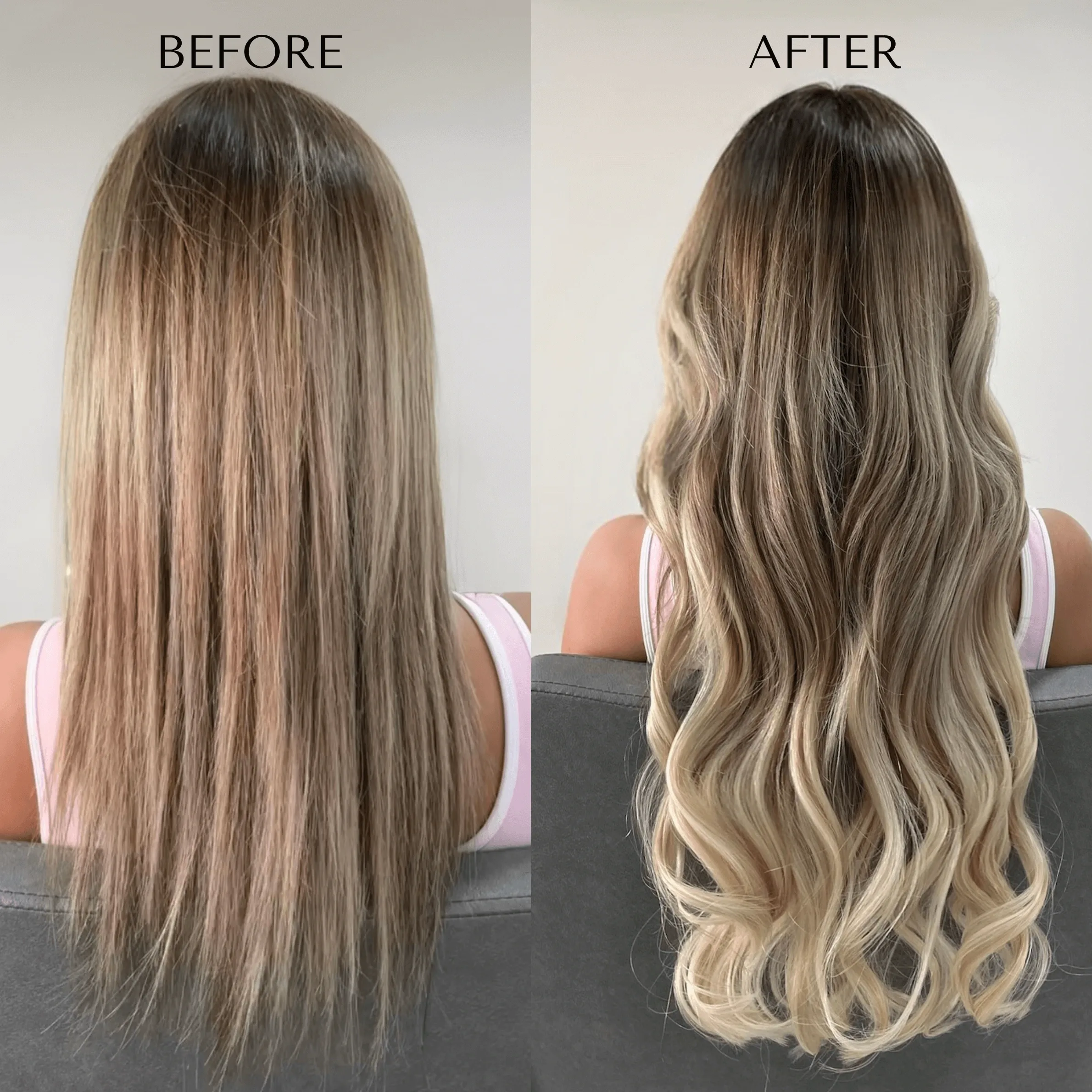 Before and after: straight brown hair on the left, long wavy hair with blonde ends on the right, seen from behind