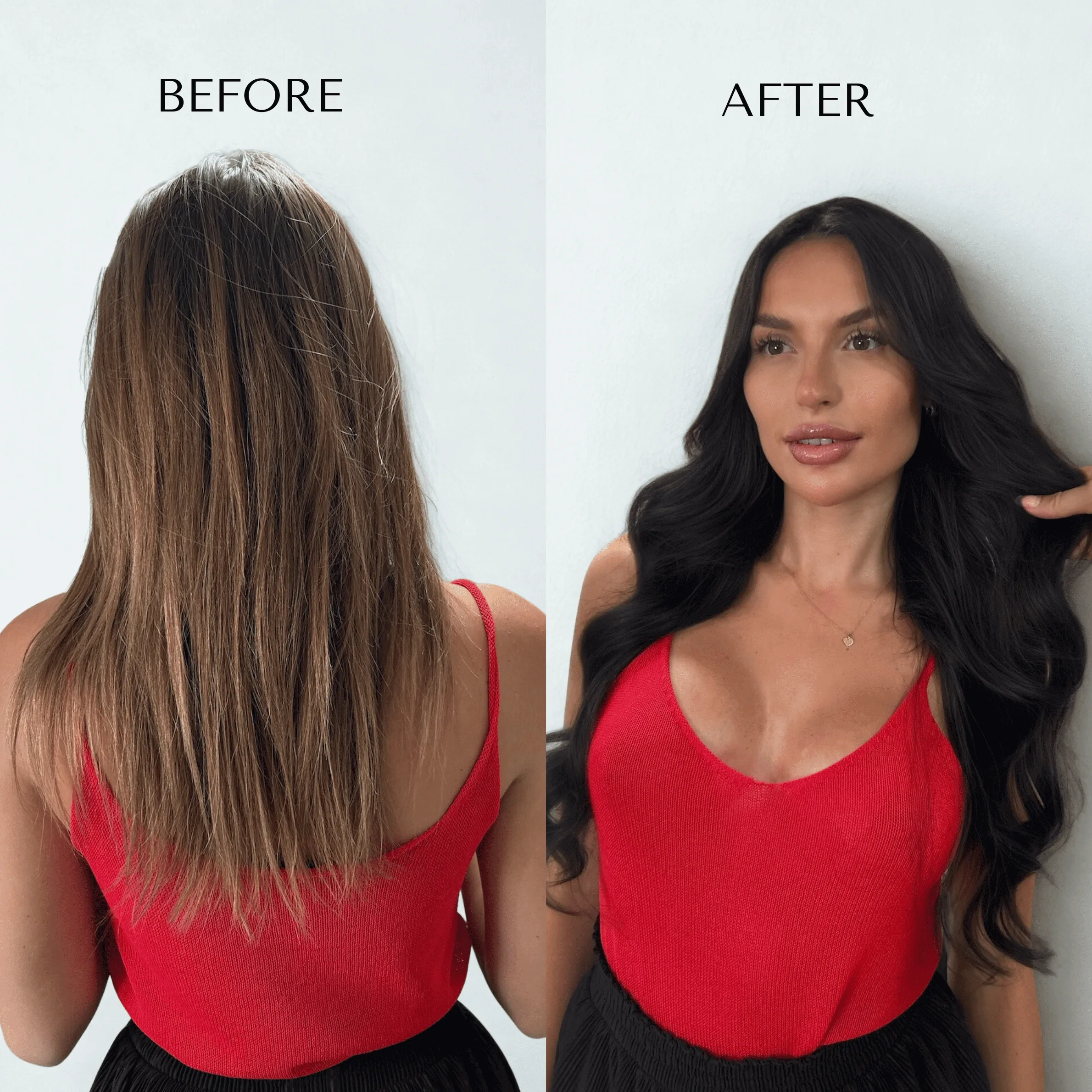 Before and after: thin long brown hair on the left, thick, voluminous dark waves on the right